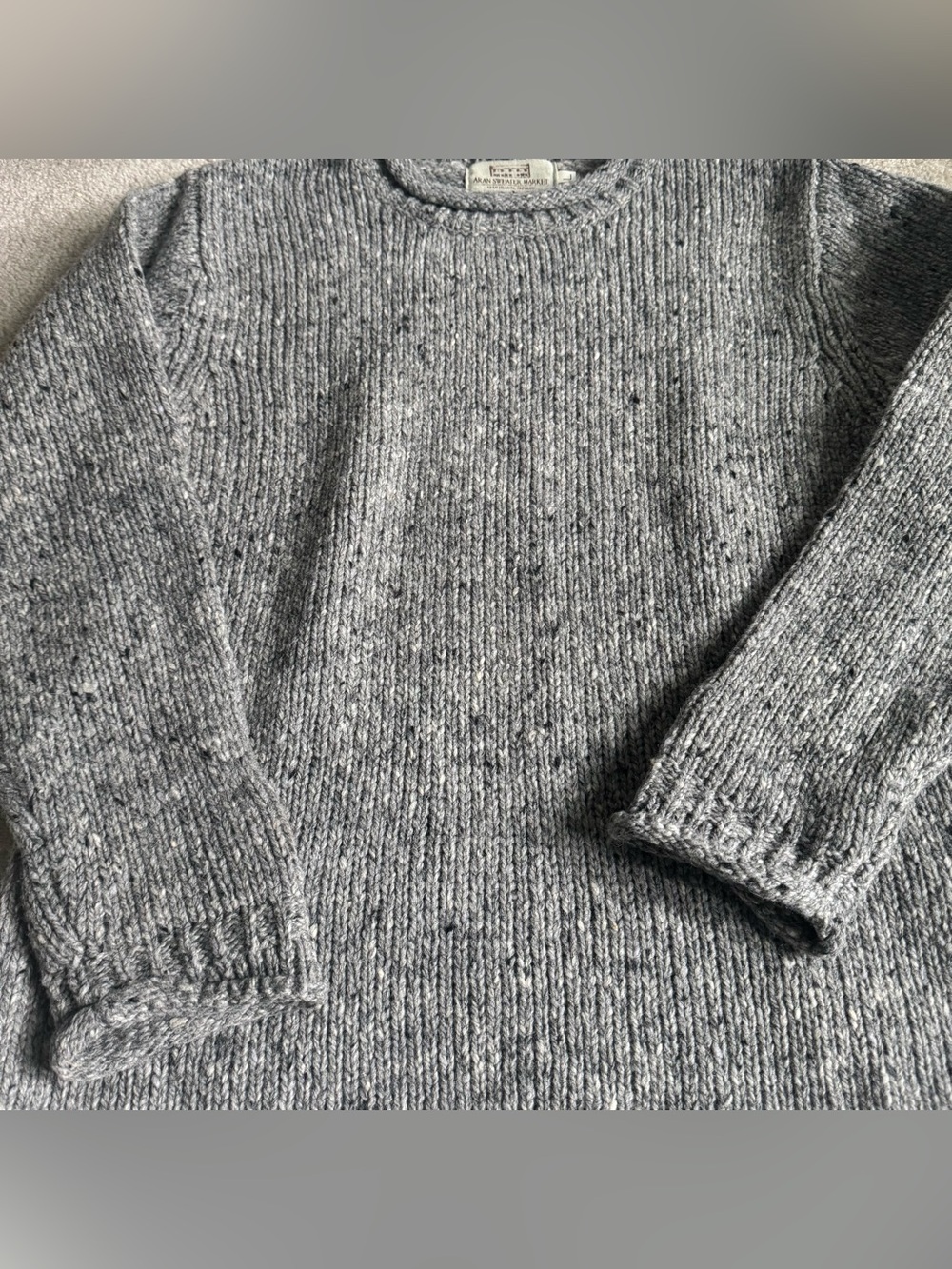 Aran Sweater Market  Donegal Tweed Roll Neck Handmade Wool Pullover Gray Irish - Picture 2 of 7